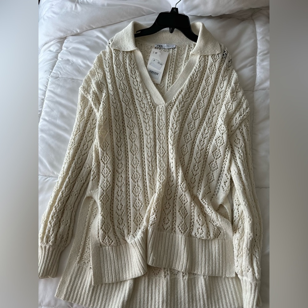 NWT | ZARA Pointelle Polo Sweater | ECRU | US WOMENS M-L